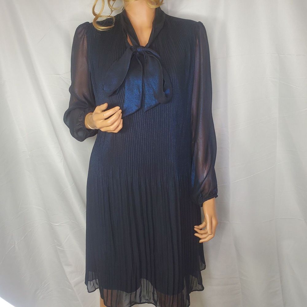 NANETTE LEPORE Metallic Shimmer Bow Tie Pleated Shift Dress Midnight Blue Sz 4